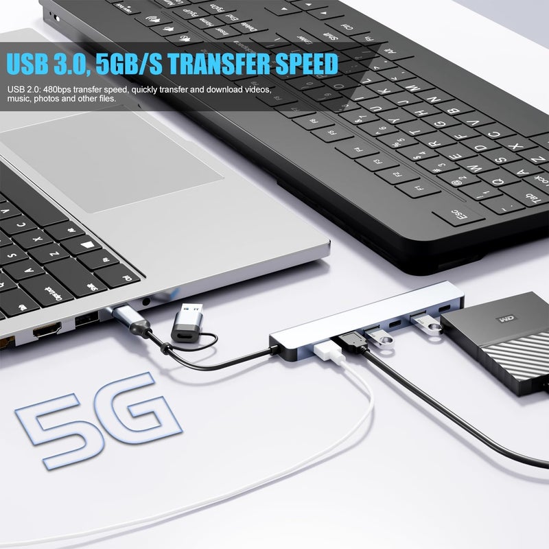BERLAT 【Upgrade】 USB C/USB Hub, Aluminum 7 in 1 USB C & USB Hub with USB 3.0, USB 2.0 Ports for PC/Laptops/MacBook Pro/Air/iMac/iPad and More Devices - Image 3